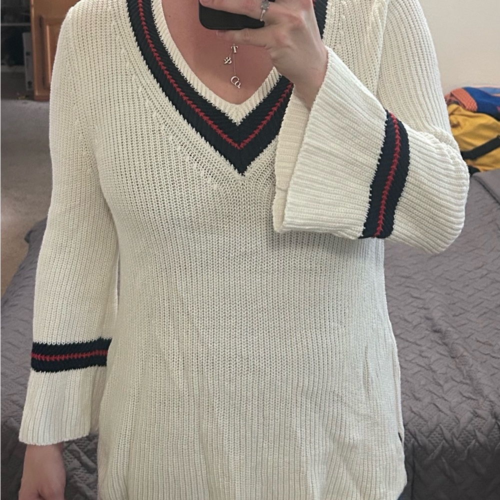 CAbi Cream V-Neck Sweater with Black and Red Trim